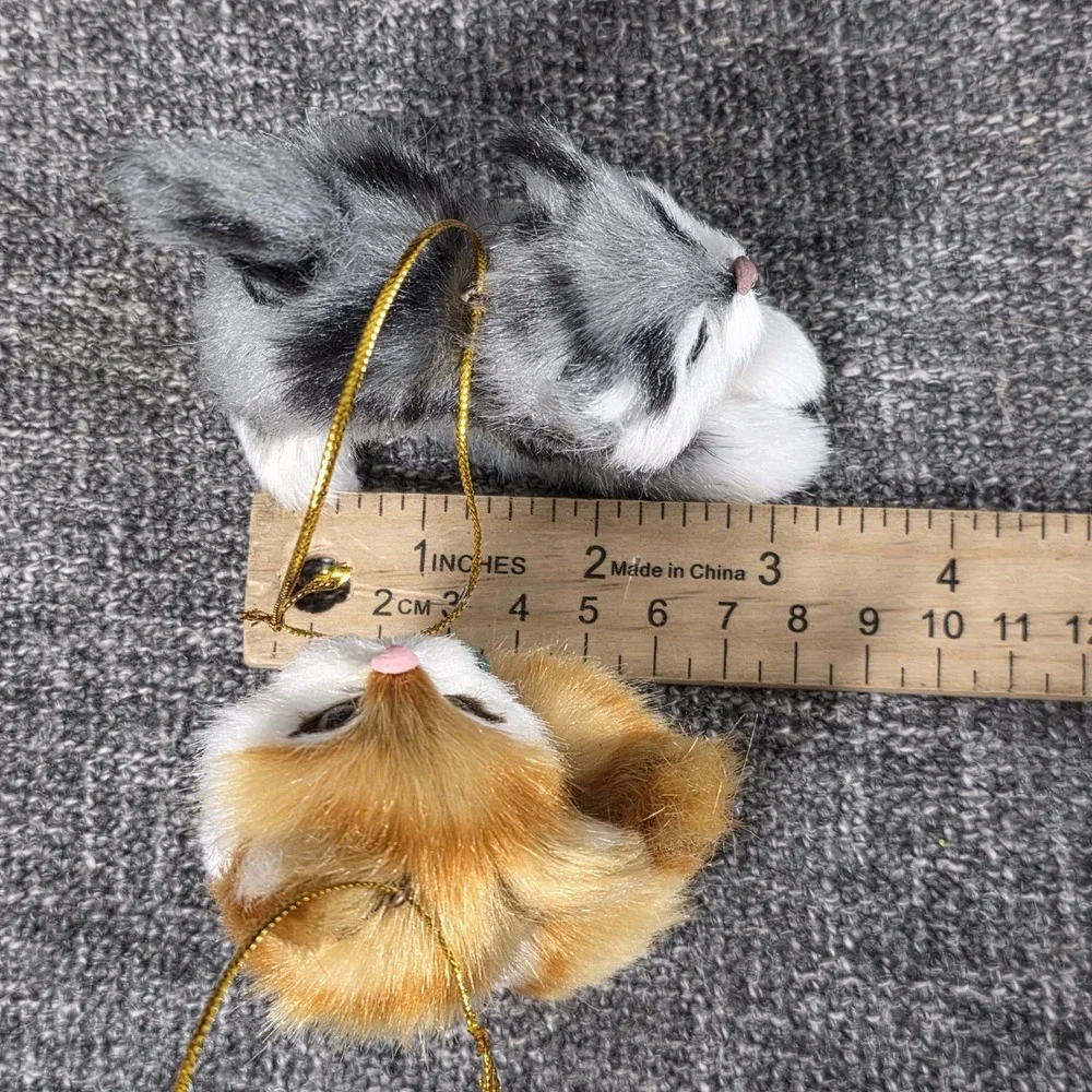 2 Faux Fur Kitten Ornaments Orange Ginger & Gray Tabby Cat Miniature Figurines